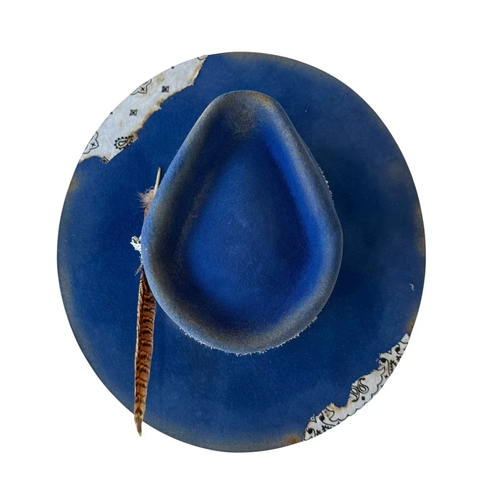 REV RAN Hats Royal Blue Western Hat Bandana‎ Feather Accent Size 7